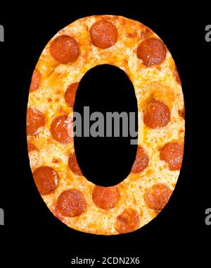 letter O cut out of pizza with peperoni Stock Photo