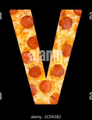 letter V cut out of pizza with peperoni Stock Photo