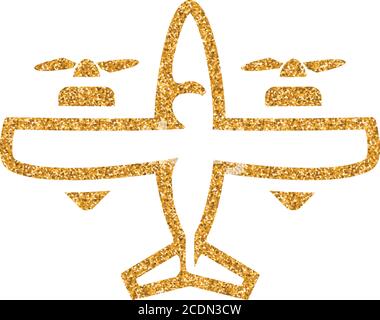 Vintage airplane icon in gold glitter texture. Sparkle luxury style vector illustration. Stock Vector