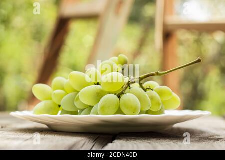 bunch of green grapes on white plate Stock Photo