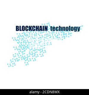Blockchain technology text with flying blocks isolated on white. Blue blocks and a dark inscription. Website Design Element. Vector EPS 10. Stock Vector