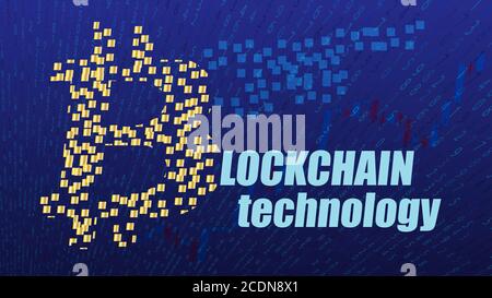 Blockchain technology text on blue digital background with a golden bitcoin logo made of blocks. Numbers on the background. Template for websites. Stock Vector