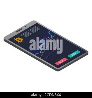 Isometric smartphone with bitcoin chart and buy and sell buttons isolated on white. Japanese candles on the chart. For websites or applications. Stock Vector