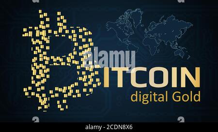 Text bitcoin digital gold written in gold color on a dark background. Bitcoin logo made of golden blocks. Circuit board and world map on background. F Stock Vector