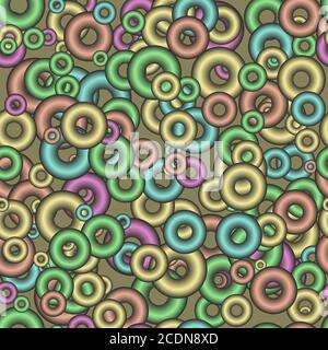 Vector seamless geometric pattern of the rings with a gradient fill with metallic shades. Multi-colored bagels of different sizes. Vector EPS 10. Stock Vector
