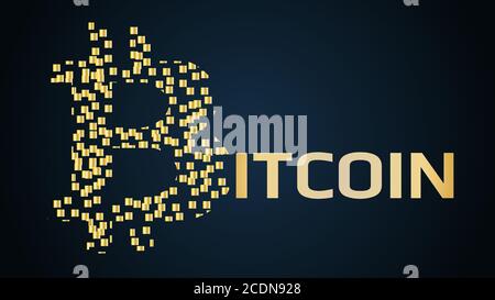 Bitcoin cryptocurrency name concept with logo made of small golden blocks. Design element for website or application. Vector EPS 10. Stock Vector
