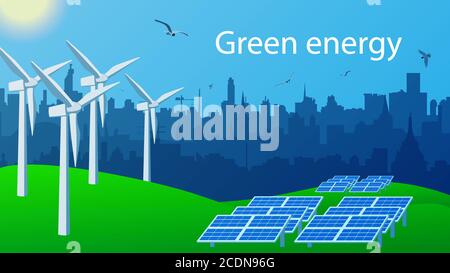 Green energy concept for environmental protection. Windmills and solar panels for generating electricity stand on the green grass. City skyline. Stock Vector