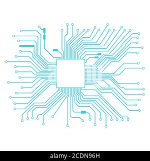 Blue circuit board with place for processor isolated on white. Lines with rings at the ends. Vector EPS 10. Stock Vector