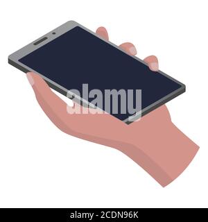 Isometric smartphone in hand isolated on white. Dark blank screen with copy space. The phone case is gray. Template for application or web site. Stock Vector