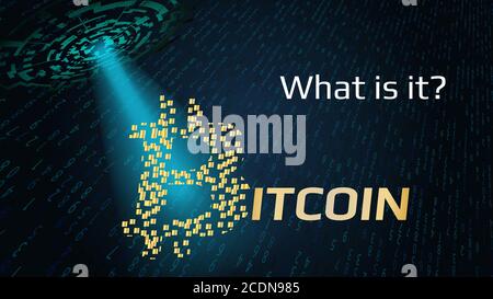 Abstract UFO shines a ray of light on the inscription Bitcoin with the question what is it. The Bitcoin logo is made of gold blocks. Stock Vector