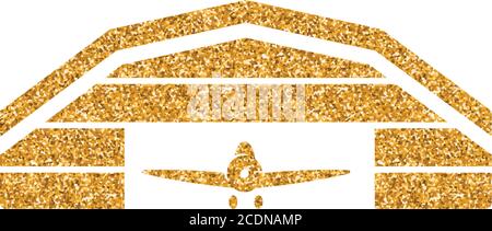 Airplane hangar icon in gold glitter texture. Sparkle luxury style vector illustration. Stock Vector