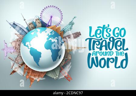 Let's go travel around the world vector design. Travel and tourism with famous landmarks and tourist destination of different countries and places Stock Vector