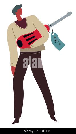Tool shop customer with instrument on sale in store Stock Vector