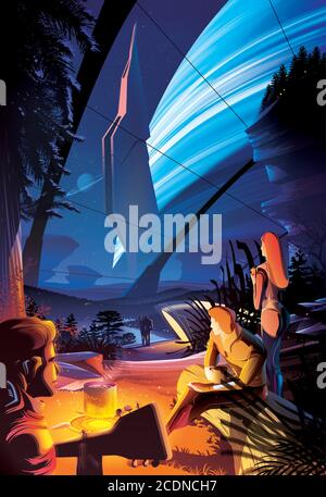 Futuristic vector illustration featuring mankind in the future are enjoying the campfire inside the massive habitat on another planet somewhere in the Stock Vector