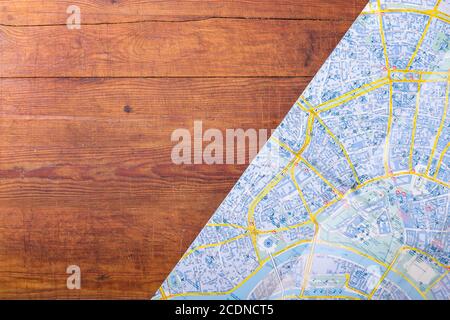 white empty wooden traveller#39;s table with map Stock Photo
