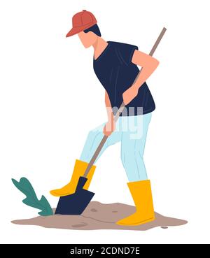 Male character digging holes in soil, agriculture and farming Stock Vector