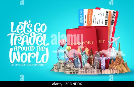 Let's go travel around the world vector design. Travel passport and plane tickets with famous landmarks and tourist destination of countries and place Stock Vector