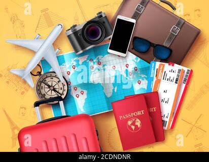 Travel and tour vector design. Travel and tourism elements with world map for location and destination, compass, passport, tickets, camera and luggage Stock Vector