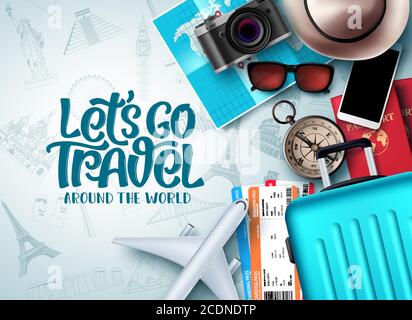 Let's go travel vector background design. Let's go travel around the world text in white empty space with travel vacation and tour elements Stock Vector