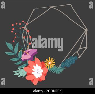 Minimalist geometric frame with blooming flowers and foliage Stock Vector