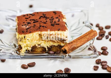 Tiramisu Cake with coffee beans and cinnamon Stock Photo