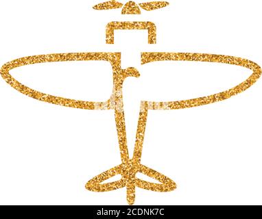 Vintage Airplane icon in gold glitter texture. Sparkle luxury style vector illustration. Stock Vector