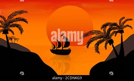 A sunset with boat in a ocean and palm tree on mountain with shadow effect illustration painting vector stock. Stock Vector