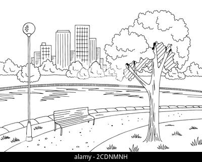 Park river graphic black white landscape sketch illustration vector ...