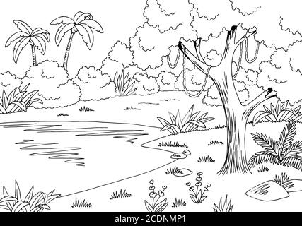 Jungle lake graphic black white landscape sketch illustration vector Stock Vector