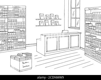 Book shop store interior graphic black white sketch illustration vector Stock Vector