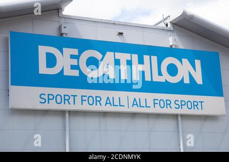 The Decathlon sign at Westquay retail park in Southampton, Hampshire UK, taken 10th July 2020 Stock Photo