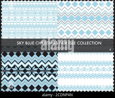 Sky Blue Christmas fair isle pattern collection includes 4 design swatches for fashion text Stock Vector