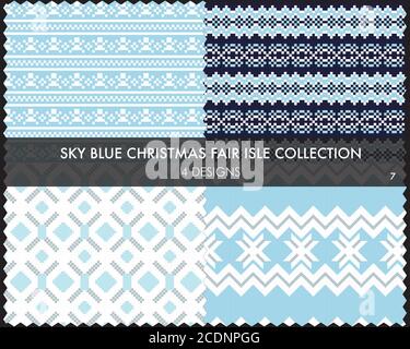 Sky Blue Christmas fair isle pattern collection includes 4 design swatches for fashion text Stock Vector