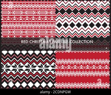 Red Christmas fair isle pattern collection includes 4 design swatches for fashion textiles, knit Stock Vector