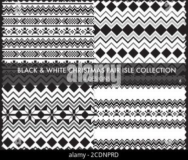 Black and White Christmas fair isle pattern collection includes 4 design swatches fo Stock Vector