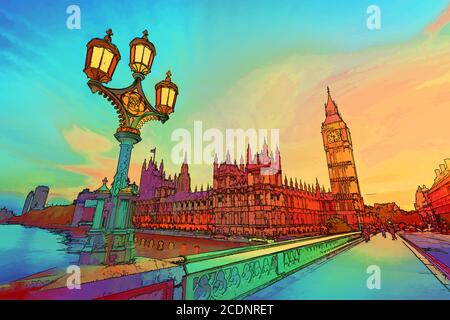 Cartoon style illustration of Big Ben seen from Westminster Bridge, London, the UK Stock Photo