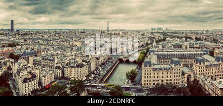 Paris, France panorama with Eiffel Tower, Seine river and bridges. Vintage Stock Photo