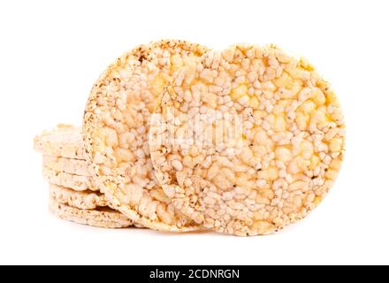 Crispbread with chia seeds and salt, isolated on white background. Corn crisps. Dietary food with low calories. Stock Photo