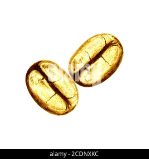 Golden coffee beans set isolated on white background. Hand drawn yellow gold illustration. Icon, symbol, sign, logo design. Stock Photo