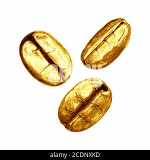 Golden coffee beans set isolated on white background. Hand drawn yellow gold illustration. Icon, symbol, sign, logo design. Stock Photo