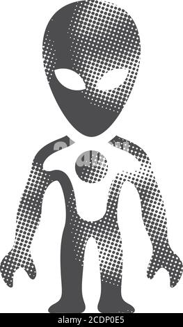 Alien icon in halftone style. Black and white monochrome vector illustration. Stock Vector