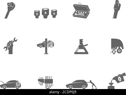 Car repair icons in black and white. Automotive vehicle maintenance service. Vector illustrations. Stock Vector