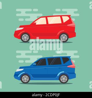 Red and blue minivans in flat color style. Multi purpose vehicle transportation icons. Vector illustrations. Stock Vector