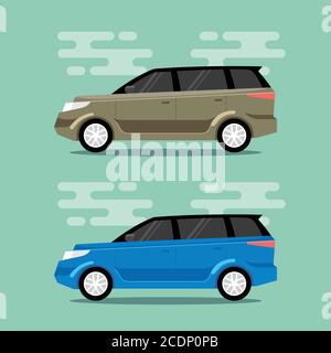 Beige and blue cars in flat color style. Sport utility vehicle transportation icons. Vector illustrations. Stock Vector