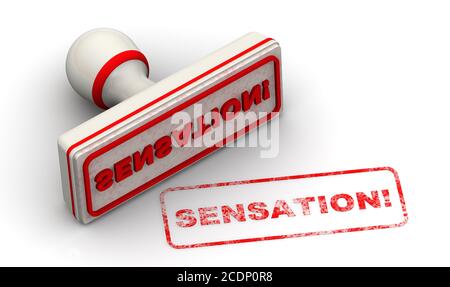 Sensation! The stamp and an imprint. White stamp and red imprint SENSATION! on white surface. 3D illustration Stock Photo