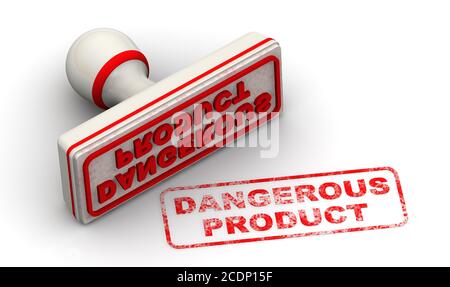 Dangerous product. The stamp and an imprint. White seal and red imprint DANGEROUS PRODUCT on white surface. 3D illustration Stock Photo