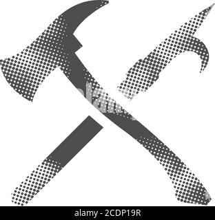 Fireman tools icon in halftone style. Black and white monochrome vector illustration. Stock Vector