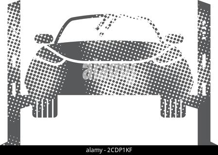 Car jump start icons in halftone style. Automotive vehicle maintenance service. Black and white monochrome vector illustration. Stock Vector