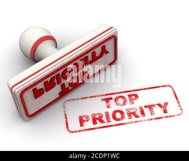 Top priority. The stamp and an imprint. The white seal and red imprint TOP PRIORITY on white surface. 3D Illustration Stock Photo