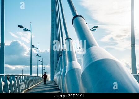 Person walks on an industrial bridge with large pylons and cable ties. Stock Photo
